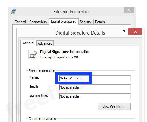 Screenshot of the SolarWinds, Inc. certificate
